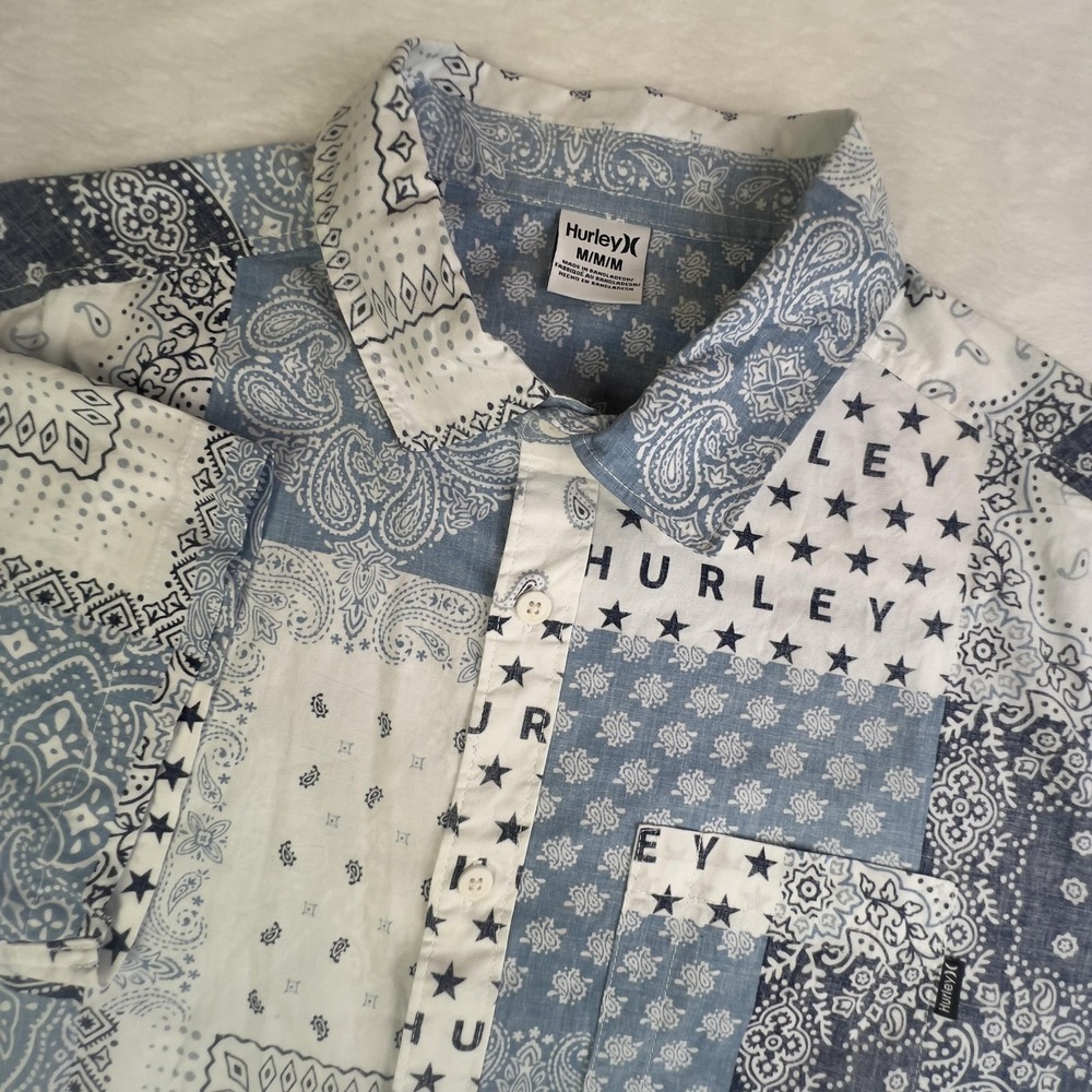 Hurley Shirt Mens M Blue Bandana Paisley Patchwork Short Sleeve Button Up Casual